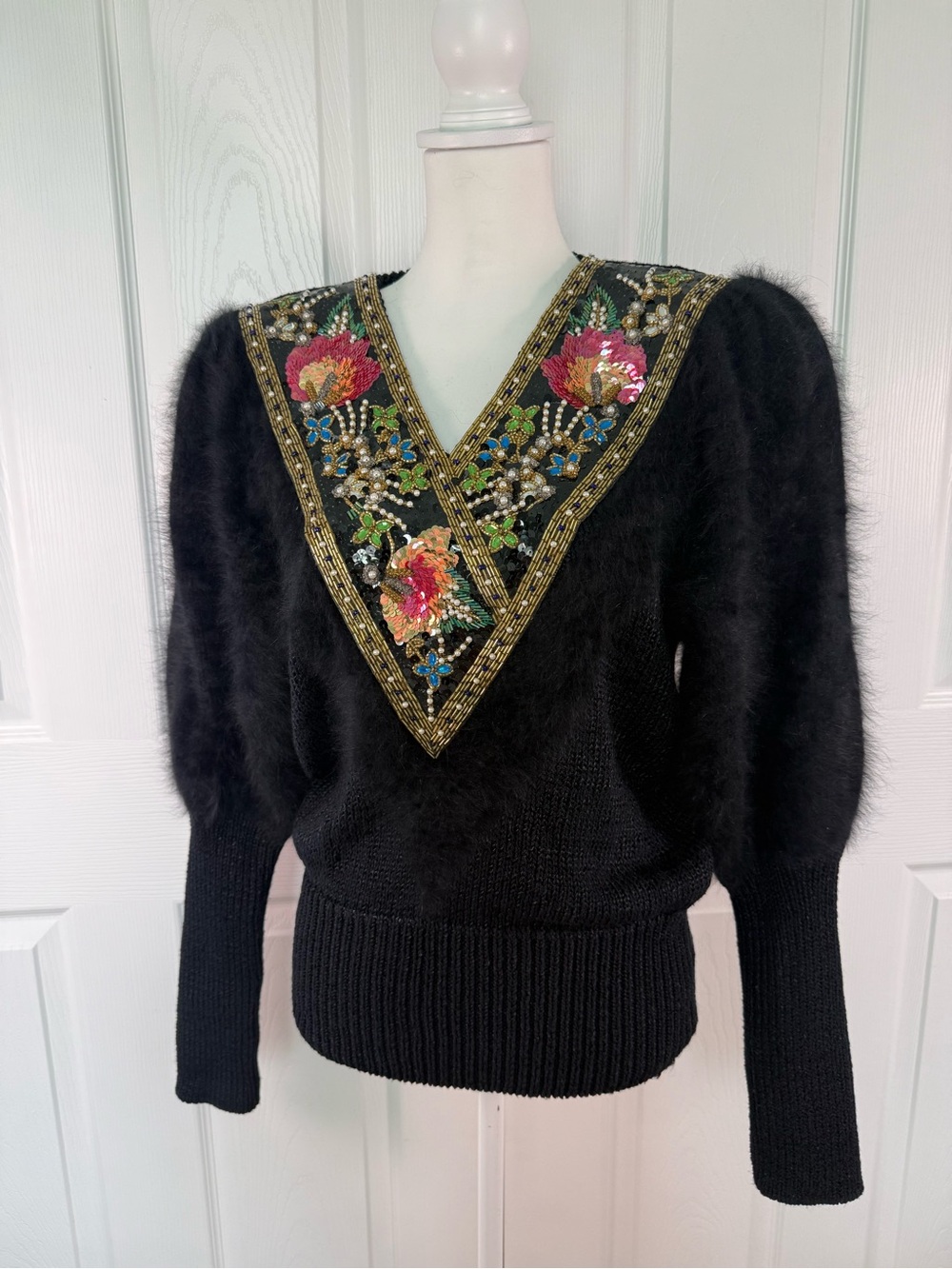 Vintage 1980s Black Angora Blend Sweater Beaded Sequin Floral Mutton Sleeve Glam